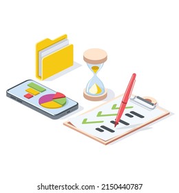 Carpeta, pantalla de gráficos móviles, reloj, portapapeles, marcas de verificación. Vector 3d línea isométrica, iconos de color web, nuevo estilo plano. Idea de diseño creativo para infografías.