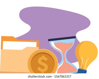 folder and money coin with light bulb and hourglass over purple and white background, colorful design , vector illustration