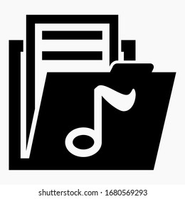 Ordner und Notensymbol. Musikspielliste. MP3-Dateien. Beschreibung von Musikkünstlern. Vektorillustration Symbol.