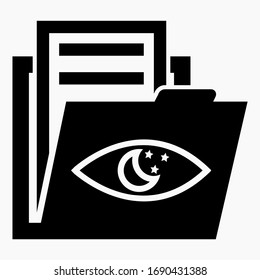 Icono de visión nocturna y de carpeta. Ilustración de los ojos con la luna. Documentación técnica. Lista de videos. Literatura sobre la religión del Islam. Icono del vector.
