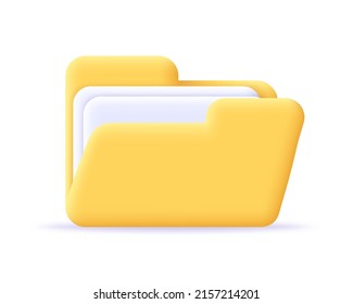 Folder office 3d icon. Render portfolio with files, folder with documents. Concept of file storage and data archive. 3d vector cartoon minimal illustration