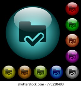 Folder ok icons in color illuminated spherical glass buttons on black background. Can be used to black or dark templates