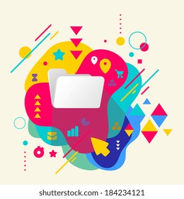 Folder on abstract colorful spotted background with different elements. Flat design.