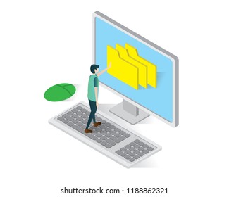 folder on computer isometric icons concept,computer illustration vector,job vector illustration