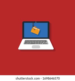 folder on fish hook,folder on laptop screen.Conceptual vector illustration in flat style design.Isolated on background.