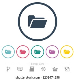 Folder open flat color icons in round outlines. 6 bonus icons included.