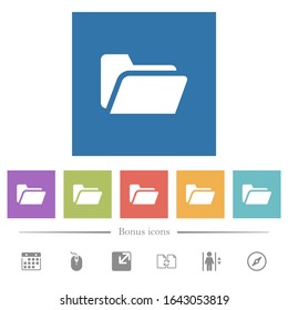 Folder open flat white icons in square backgrounds. 6 bonus icons included.