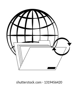 Folder open with global sphere symbol black and white