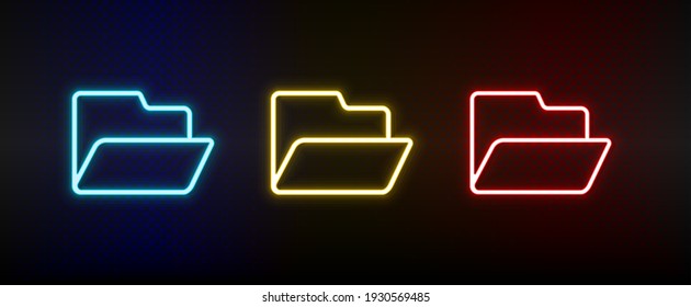 folder open neon icon set. Set of red, blue, yellow neon vector icon