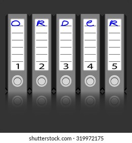 Folder order. File office archive, business paper organization, information and binder, row sort, vector graphic illustration