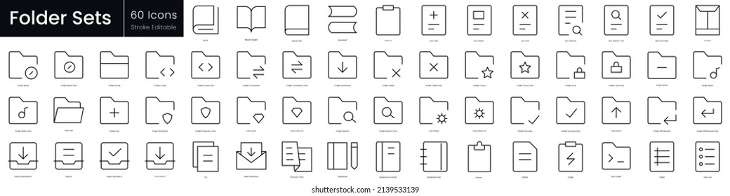 Folder outline icon set. Editable stroke thin line icons Collection