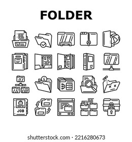 folder paper business file empty icons set vector. blank open, office template, document information, presentation page, archive cover folder paper business file empty black contour illustrations