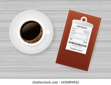 Folder with paper check. Coffee cup. Restaurant bill paying. Cashier check, invoice, order. Vector stock illustration.