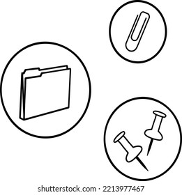 Folder, paper clip, pins -- black and white icons set. Computer folder, folders, office  sign. Vector illustration