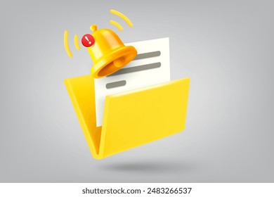 Folder with paper document and notification bell. 3d vector illustration 