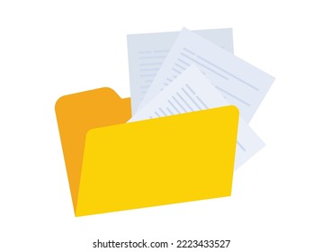 Folder with paper documents icon. Yellow office file with business docs, project, data report, official information.