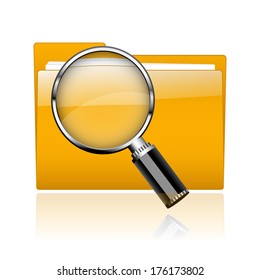 Folder with paper and magnifying glass.