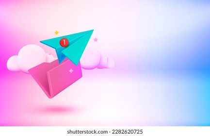 Folder with paper plane. New message concept. 3d vector banner with copy space