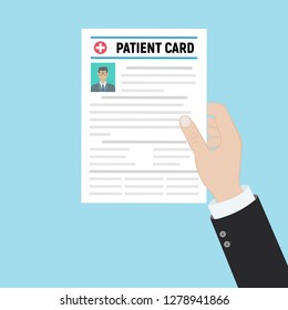 Folder with patient card and doctors hand with magnifying glass. medical report. analysis or prescription concept. vector illustration in flat style.