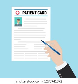 Folder with patient card and doctors hand with magnifying glass. medical report. analysis or prescription concept. vector illustration in flat style.