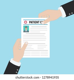 Folder with patient card and doctors hand with magnifying glass. medical report. analysis or prescription concept. vector illustration in flat style.