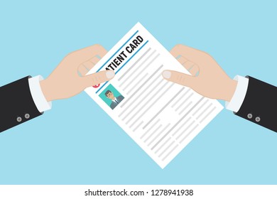 Folder with patient card and doctors hand with magnifying glass. medical report. analysis or prescription concept. vector illustration in flat style.