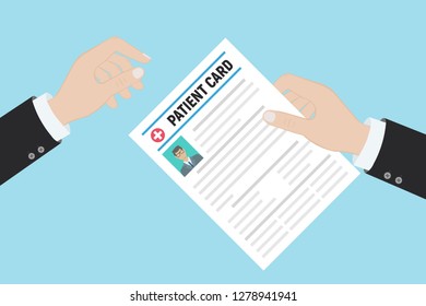 Folder with patient card and doctors hand with magnifying glass. medical report. analysis or prescription concept. vector illustration in flat style.