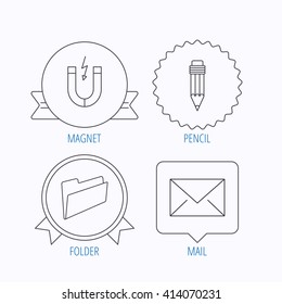 Folder, pencil and mail envelope icons. Magnet linear sign. Award medal, star label and speech bubble designs. Vector