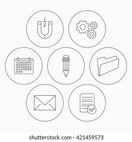 Folder, pencil and mail envelope icons. Magnet linear sign. Check file, calendar and cogwheel icons. Vector