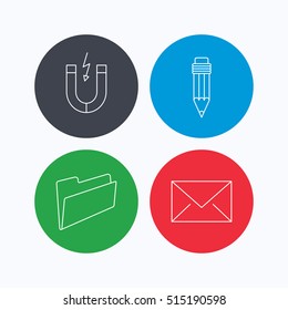 Folder, pencil and mail envelope icons. Magnet linear sign. Linear icons on colored buttons. Flat web symbols. Vector