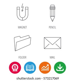 Folder, pencil and mail envelope icons. Magnet linear sign. Award medal, growth chart and opened book web icons. Download arrow. Vector