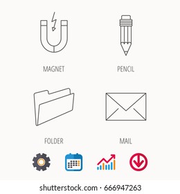 Folder, pencil and mail envelope icons. Magnet linear sign. Calendar, Graph chart and Cogwheel signs. Download colored web icon. Vector