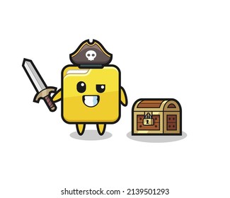 the folder pirate character holding sword beside a treasure box , cute style design for t shirt, sticker, logo element