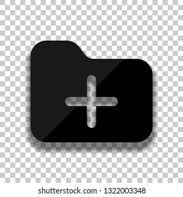 Folder with plus mark, business icon. Black glass icon with soft shadow on transparent background