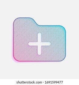 Folder with plus mark, business icon. Colored logo with diagonal lines and blue-red gradient. Neon graphic, light effect