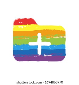 Folder with plus mark, business icon. Drawing sign with LGBT style, seven colors of rainbow (red, orange, yellow, green, blue, indigo, violet