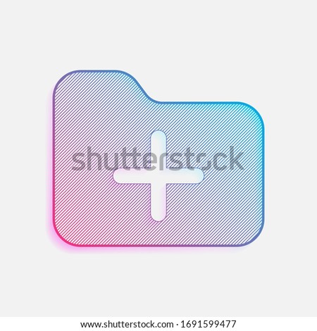 Folder with plus mark, business icon. Colored logo with diagonal lines and blue-red gradient. Neon graphic, light effect