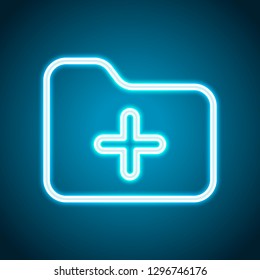 Folder with plus mark, outline linear business icon. Neon style. Light decoration icon. Bright electric symbol