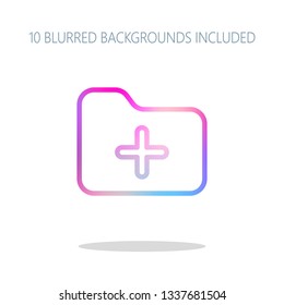 Folder with plus mark, outline linear business icon. Colorful logo concept with simple shadow on white. 10 different blurred backgrounds included