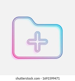 Folder with plus mark, outline linear business icon. Colored logo with diagonal lines and blue-red gradient. Neon graphic, light effect