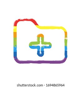Folder with plus mark, outline linear business icon. Drawing sign with LGBT style, seven colors of rainbow (red, orange, yellow, green, blue, indigo, violet