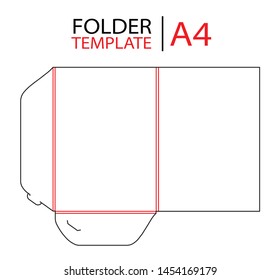 Folder presentation die cut stamp template with gusset. Empty mock up folder shablon template for A4 documents with lock. Vector black isolated circuit, line folder.