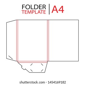 Folder presentation template with gusset die cut stamp. Empty folder shablon template for A4 documents and business card with lock. Vector black isolated circuit, line folder on white background.