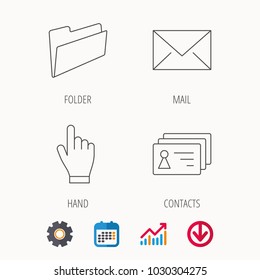 Folder, press hand and contacts icons. Mail linear sign. Calendar, Graph chart and Cogwheel signs. Download colored web icon. Vector