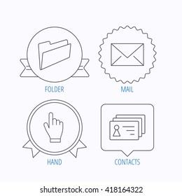 Folder, press hand and contacts icons. Mail linear sign. Award medal, star label and speech bubble designs. Vector
