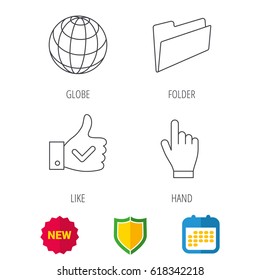 Folder, press hand and world globe icons. Social network linear sign. Shield protection, calendar and new tag web icons. Vector