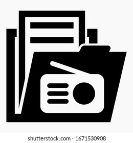 Folder and radio icon. Archive of radio plays. Radio button. Collection of audio files. Vector icon.