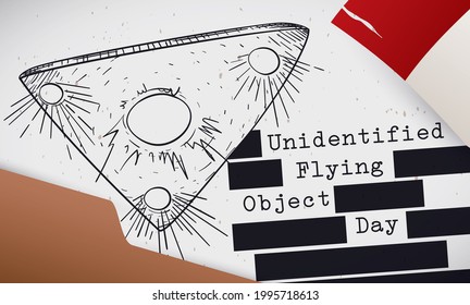 
Folder, Ragged Calendar And File With Black Triangle UFO Drawing And Censored Text Promoting UFO Day Celebration.