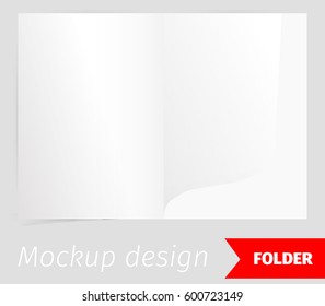 Folder realistic mockup design, blank white paper, realistic rendering, isolated on grey background, copyspace for text, sheet template for menu, booklet or presentation data, vector illustration