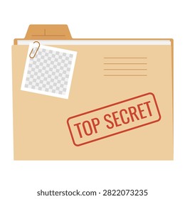 Folder with red TOP SECRET stamp and photo placeholder area with checkered background secured by paperclip. Clean minimalist office design for business, government, legal, or cybersecurity content 